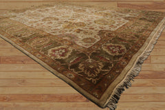 8x10 Beige, Green, Rose Color Hand Knotted Agra Wool Traditional Oriental Rug