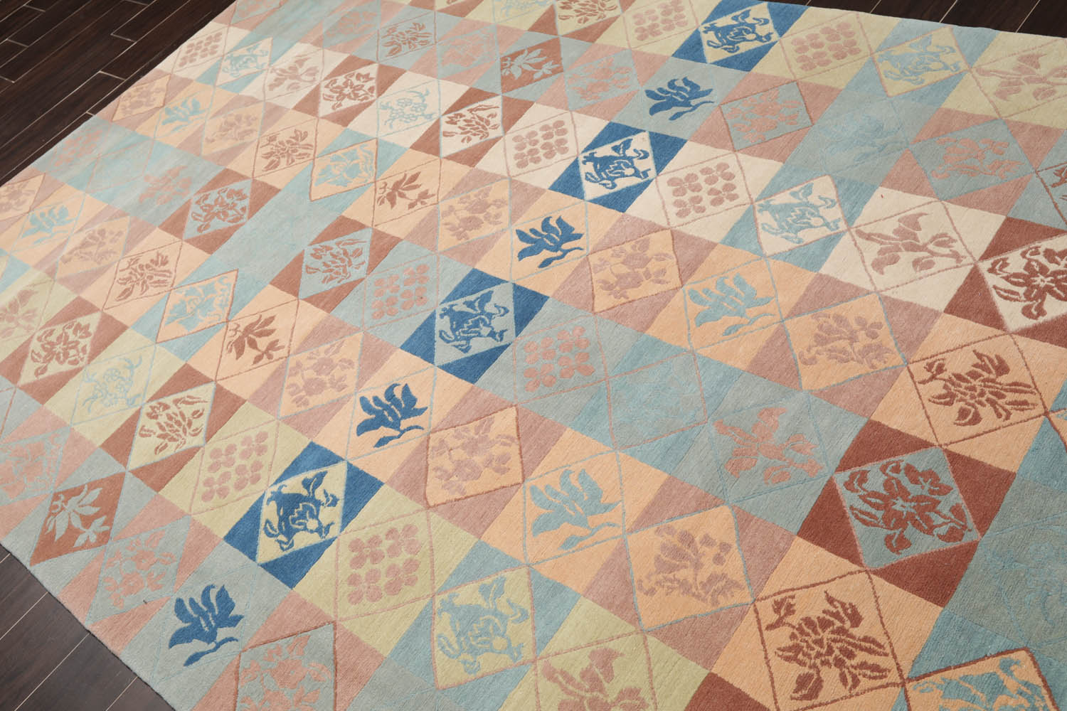 6x9 Blue, Beige, Peach Color Hand Knotted All-Over 100% Wool Modern Oriental Rug