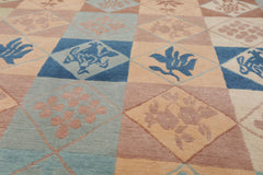 6x9 Blue, Beige, Peach Color Hand Knotted All-Over 100% Wool Modern Oriental Rug
