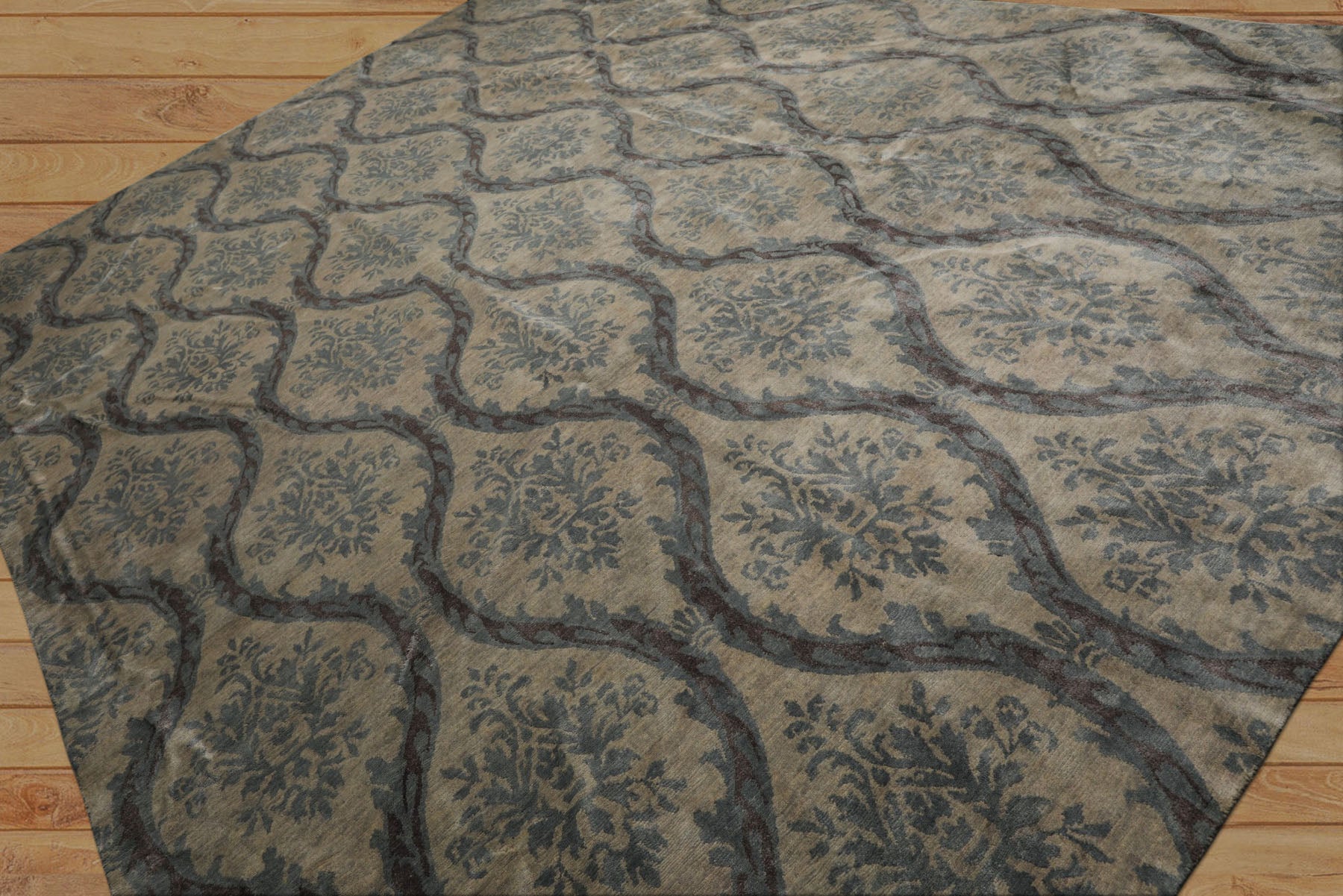 10x14 Silver, Gray, Blue Color Hand Knotted Tibetan Wool Transitional Oriental Rug