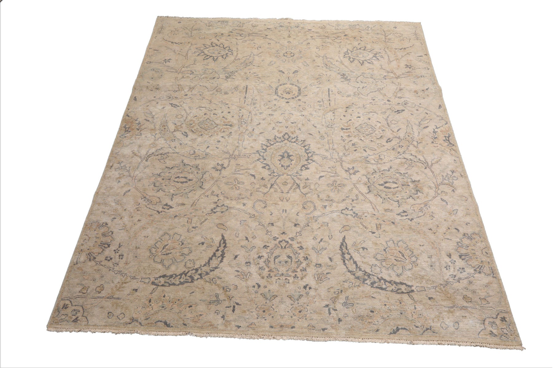 LoomBloom Beige 10'x14' Traditional Distressed Hand Knotted Wool Oriental Area Rug