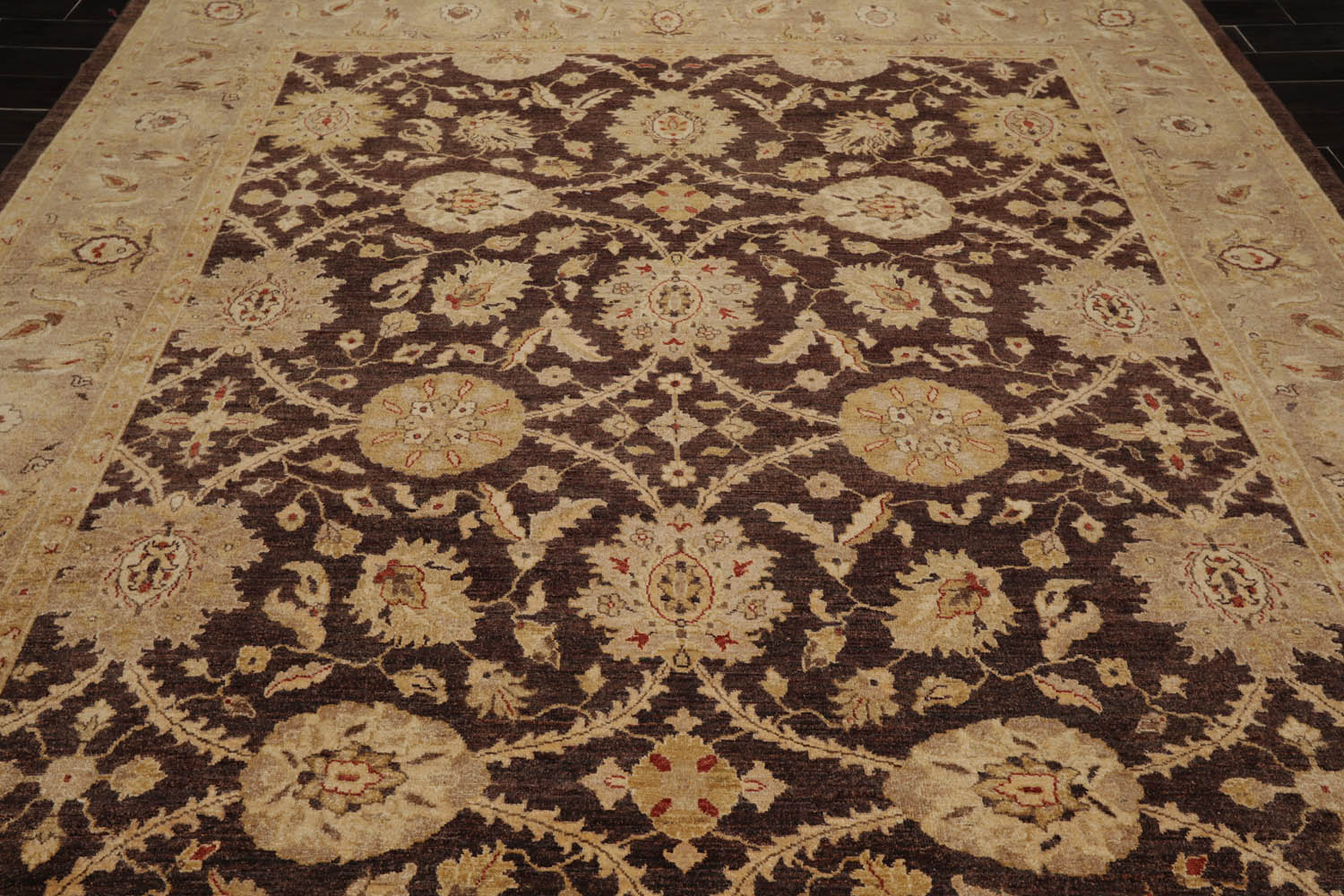 9x12 Brown, Tan, Light Gold Color Hand Knotted All-Over 100% Wool Traditional Oriental Rug