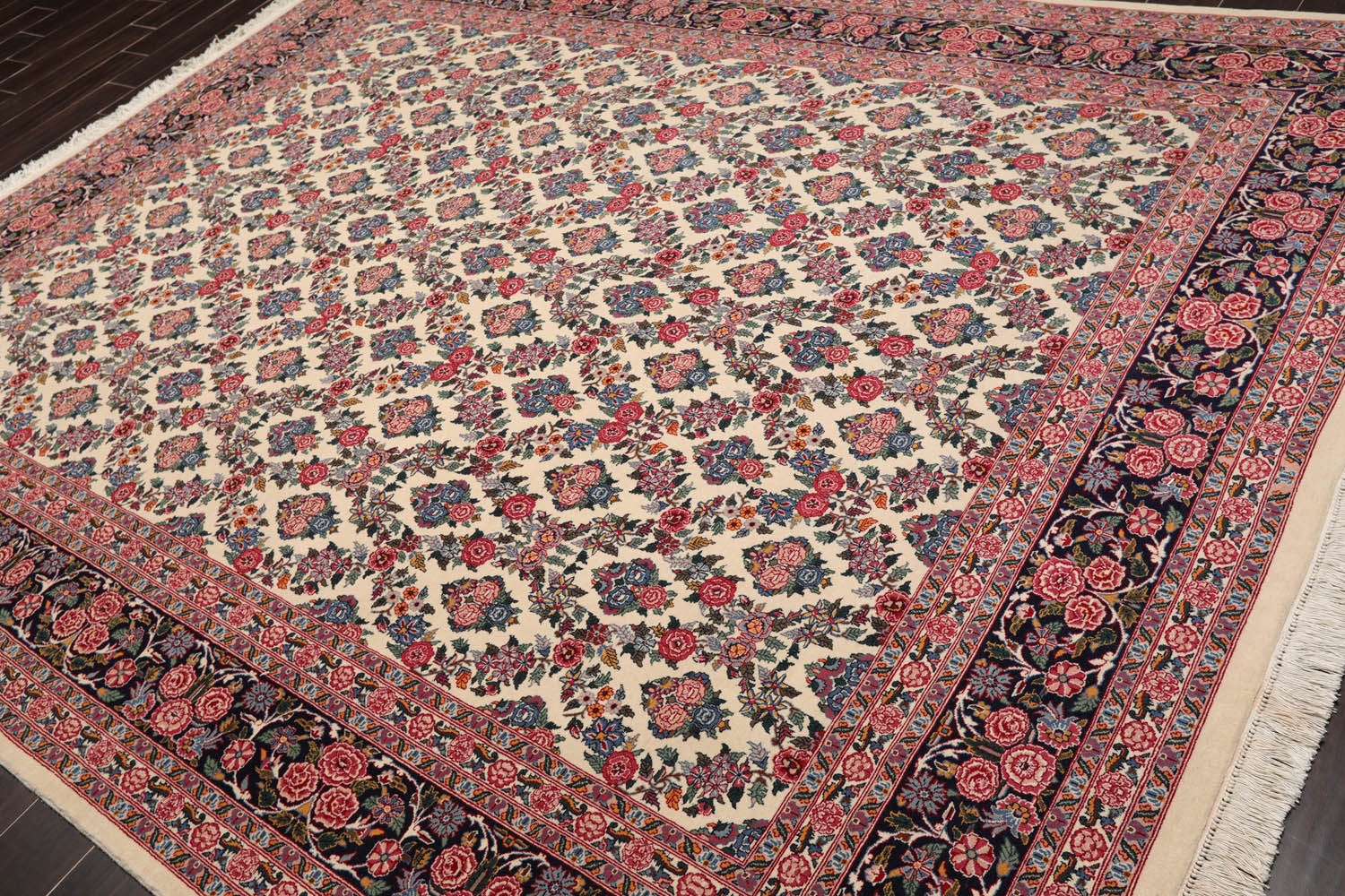 9x12 Ivory, Midnight Blue, Rose Color Hand Knotted All-Over 100% Wool Traditional Oriental Rug