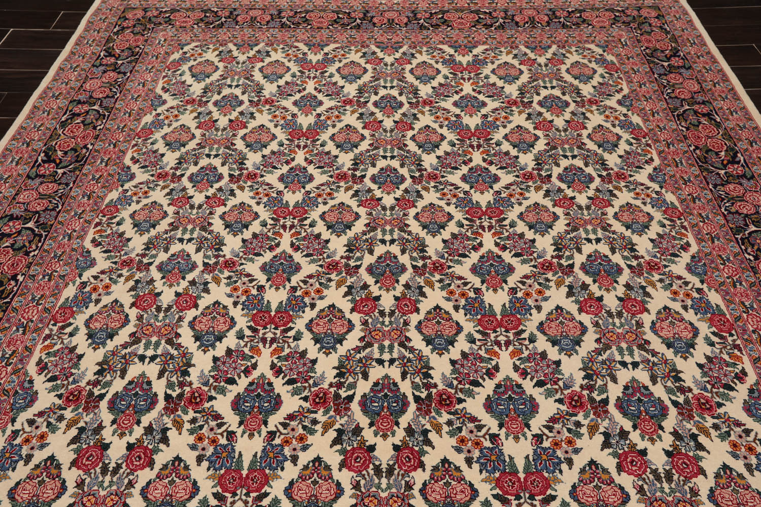 9x12 Ivory, Midnight Blue, Rose Color Hand Knotted All-Over 100% Wool Traditional Oriental Rug