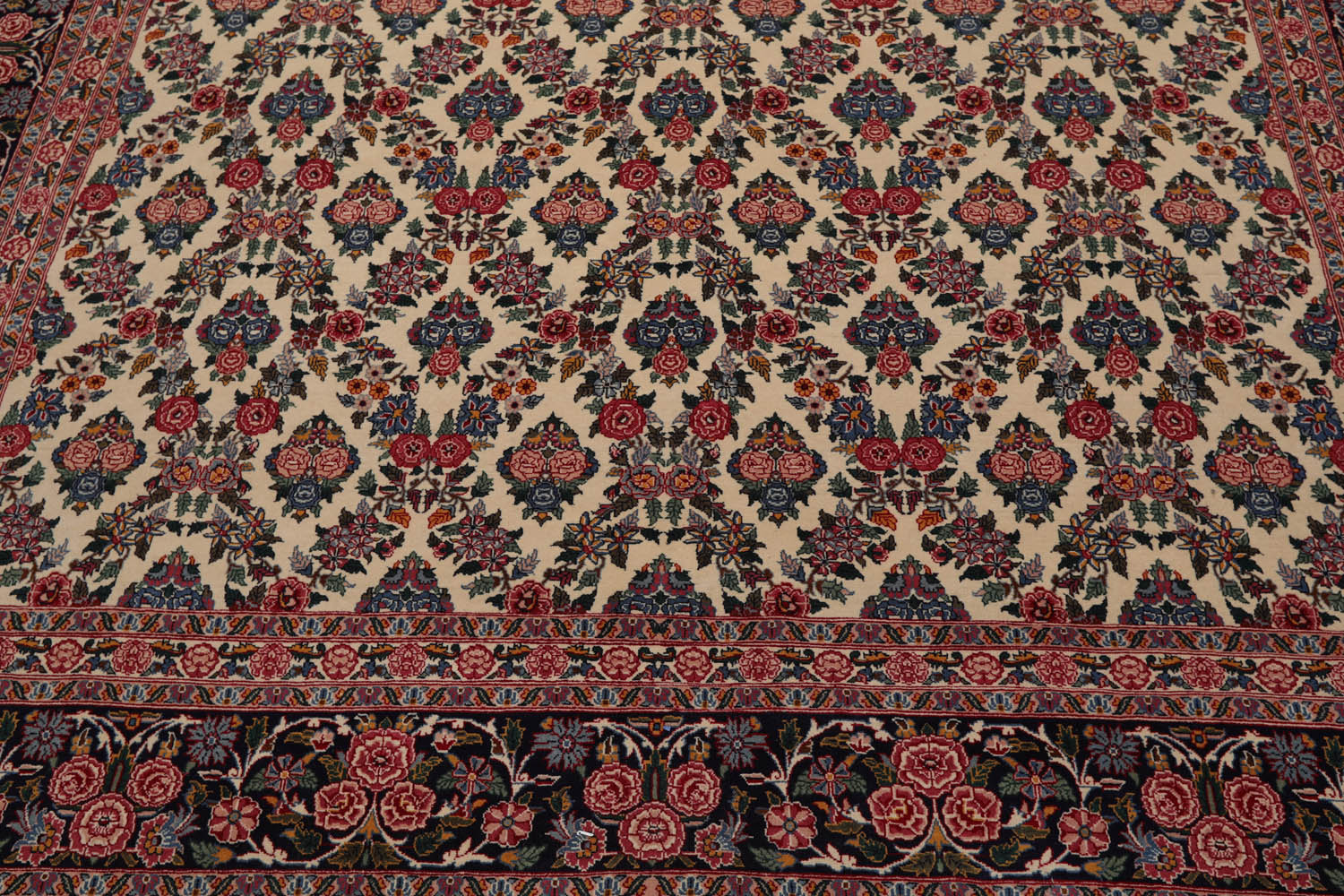 9x12 Ivory, Midnight Blue, Rose Color Hand Knotted All-Over 100% Wool Traditional Oriental Rug