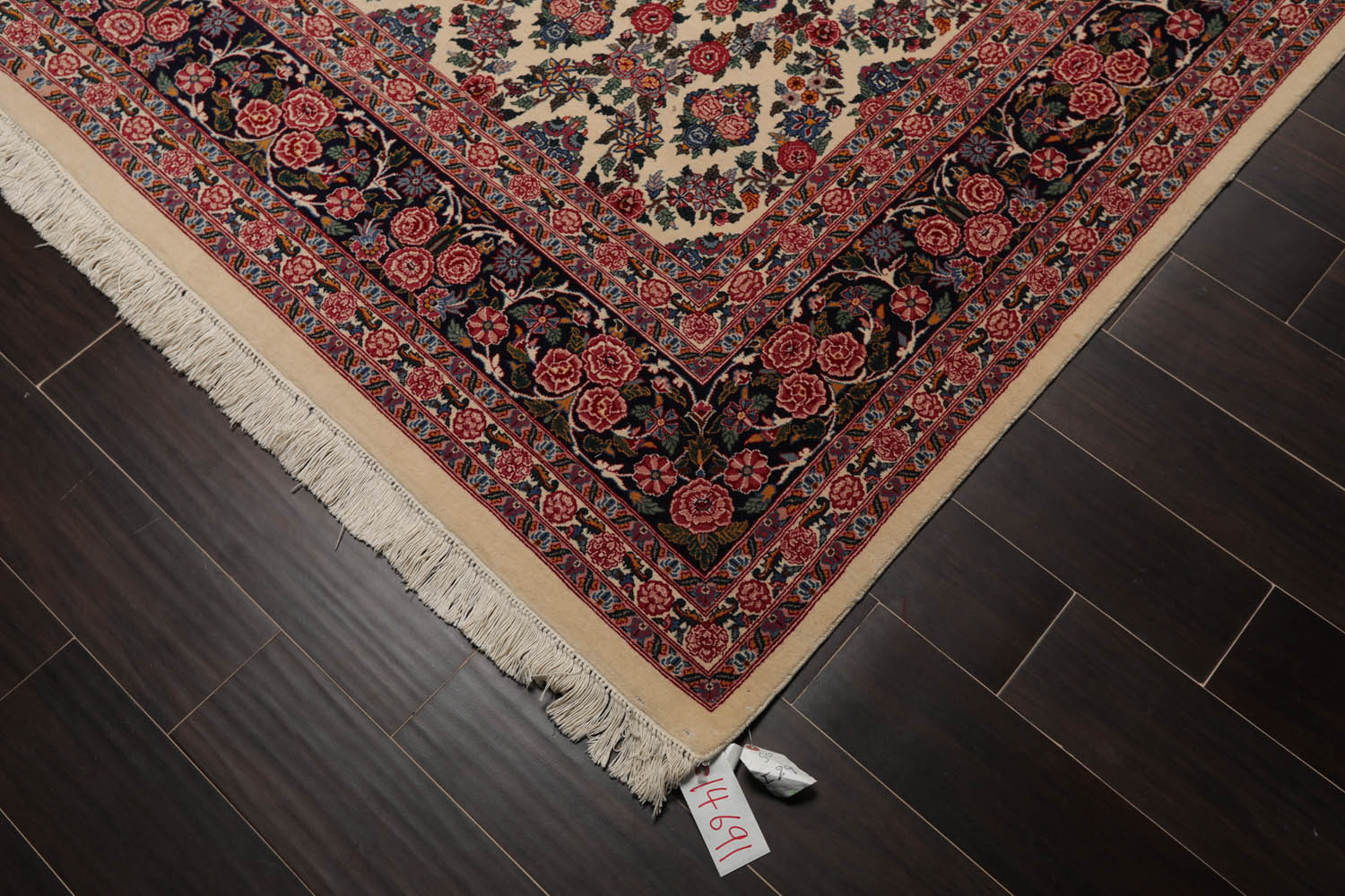 9x12 Ivory, Midnight Blue, Rose Color Hand Knotted All-Over 100% Wool Traditional Oriental Rug