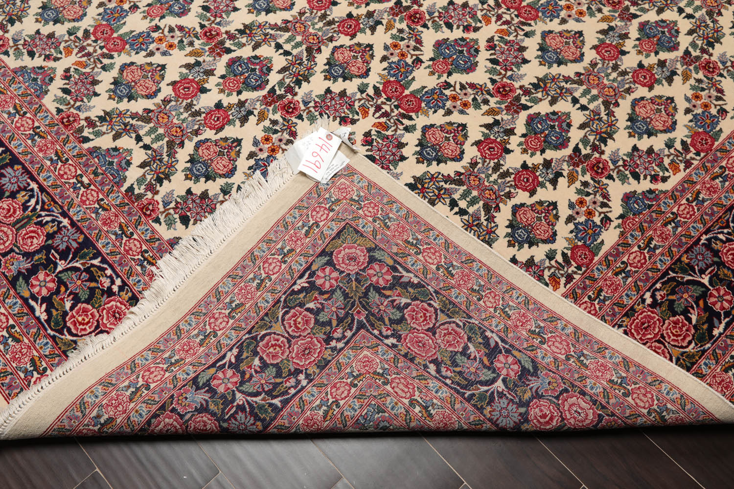 9x12 Ivory, Midnight Blue, Rose Color Hand Knotted All-Over 100% Wool Traditional Oriental Rug