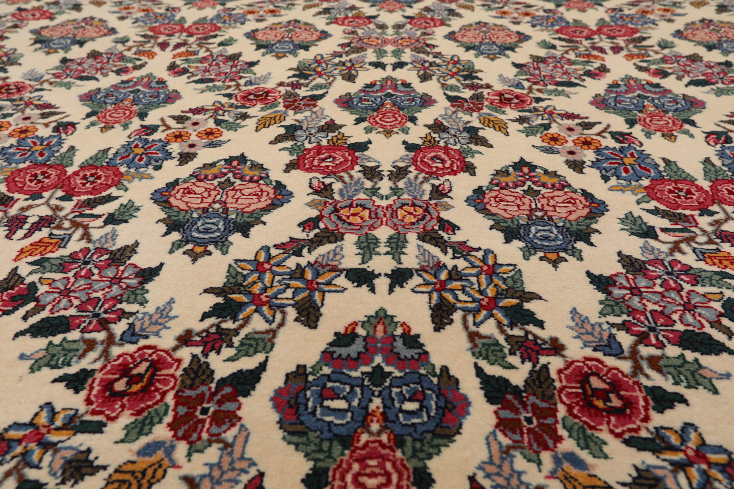 9x12 Ivory, Midnight Blue, Rose Color Hand Knotted All-Over 100% Wool Traditional Oriental Rug