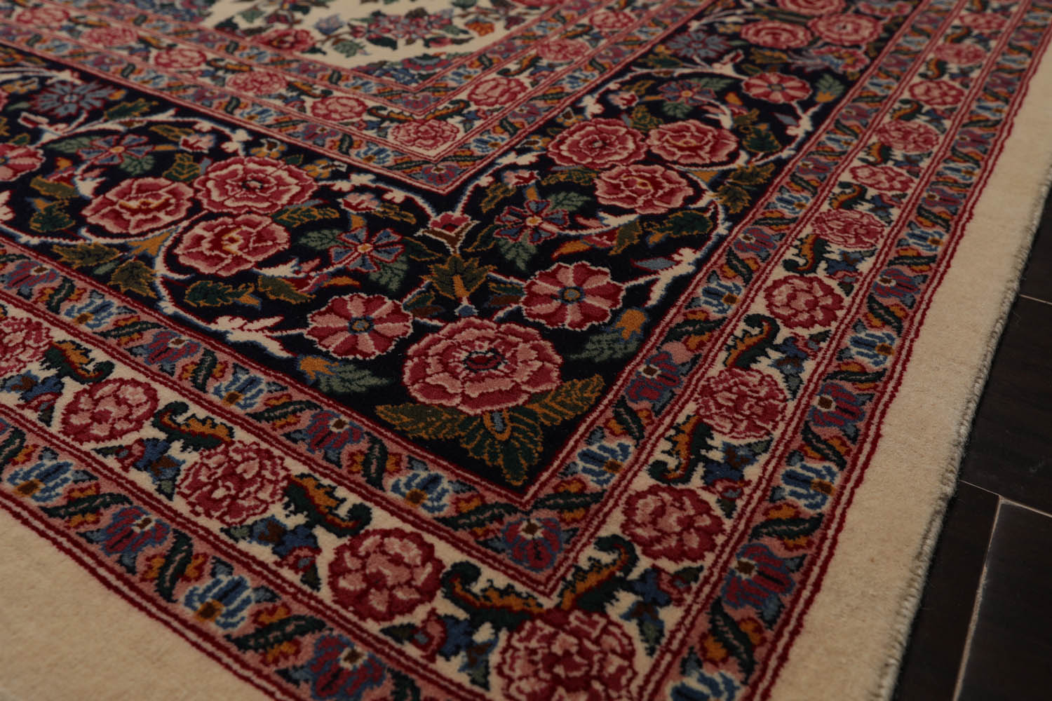 9x12 Ivory, Midnight Blue, Rose Color Hand Knotted All-Over 100% Wool Traditional Oriental Rug