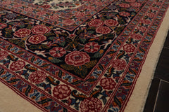 9x12 Ivory, Midnight Blue, Rose Color Hand Knotted All-Over 100% Wool Traditional Oriental Rug