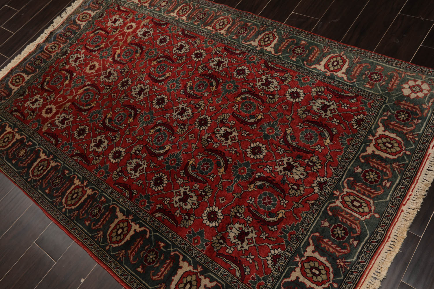 4x6 Antique Rose, Teal, Beige Color Hand Knotted All-Over 100% Wool Traditional Oriental Rug