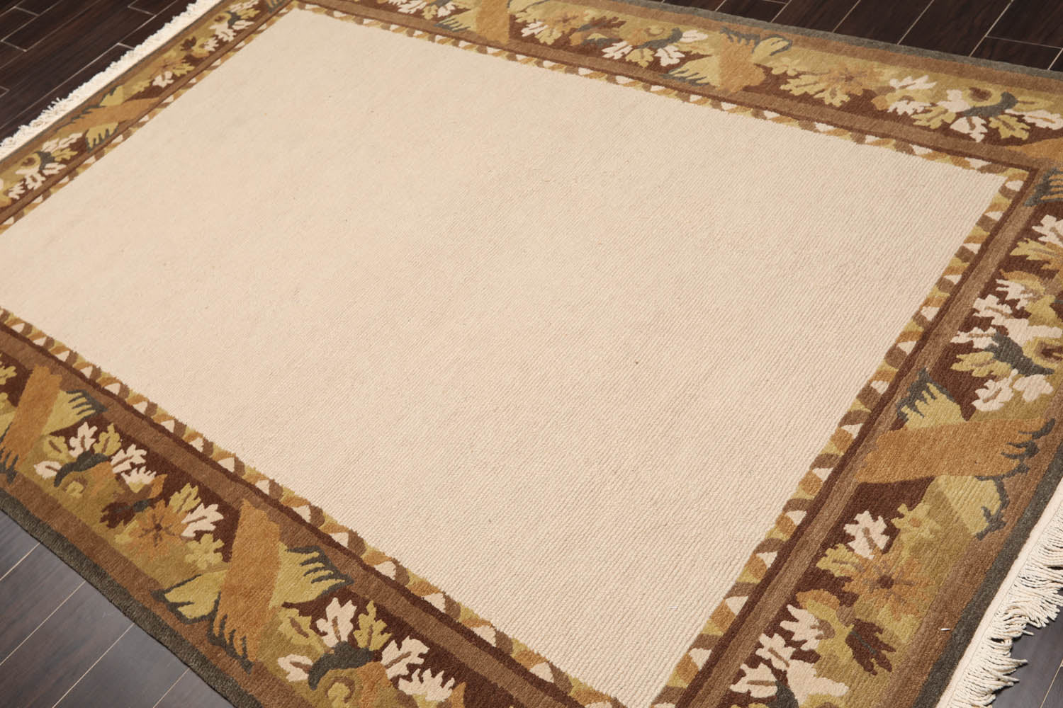 6x9 Beige, Brown, Sage Color Hand Knotted All-Over 100% Wool Transitional Oriental Rug