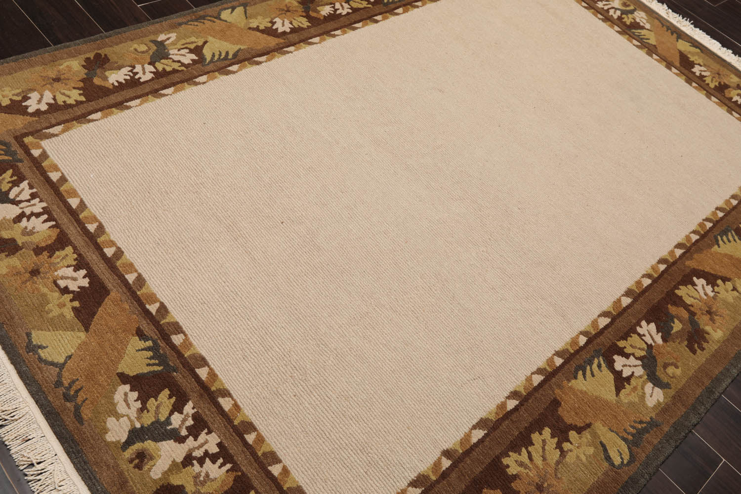 6x9 Beige, Brown, Sage Color Hand Knotted All-Over 100% Wool Transitional Oriental Rug