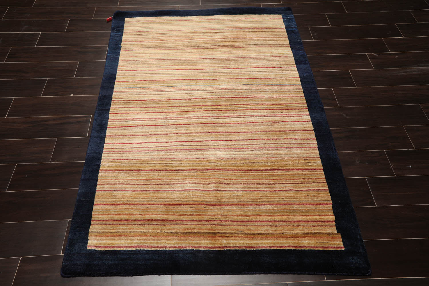 4x6 Beige, Navy, Tan Color Hand Knotted Striped 100% Wool Modern Oriental Rug