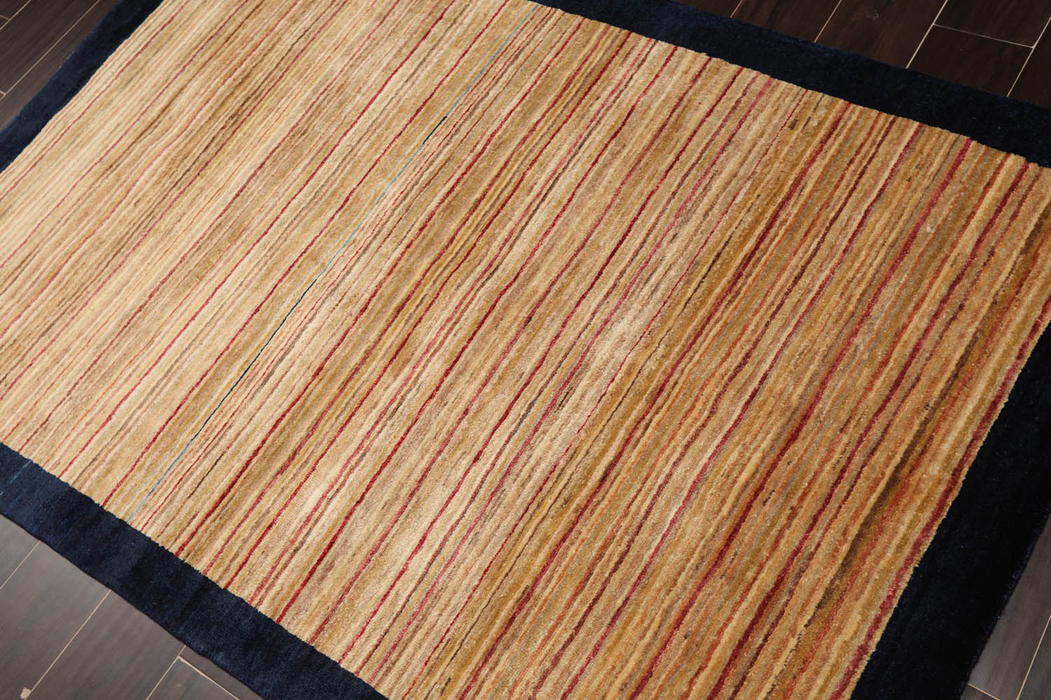 4x6 Beige, Navy, Tan Color Hand Knotted Striped 100% Wool Modern Oriental Rug