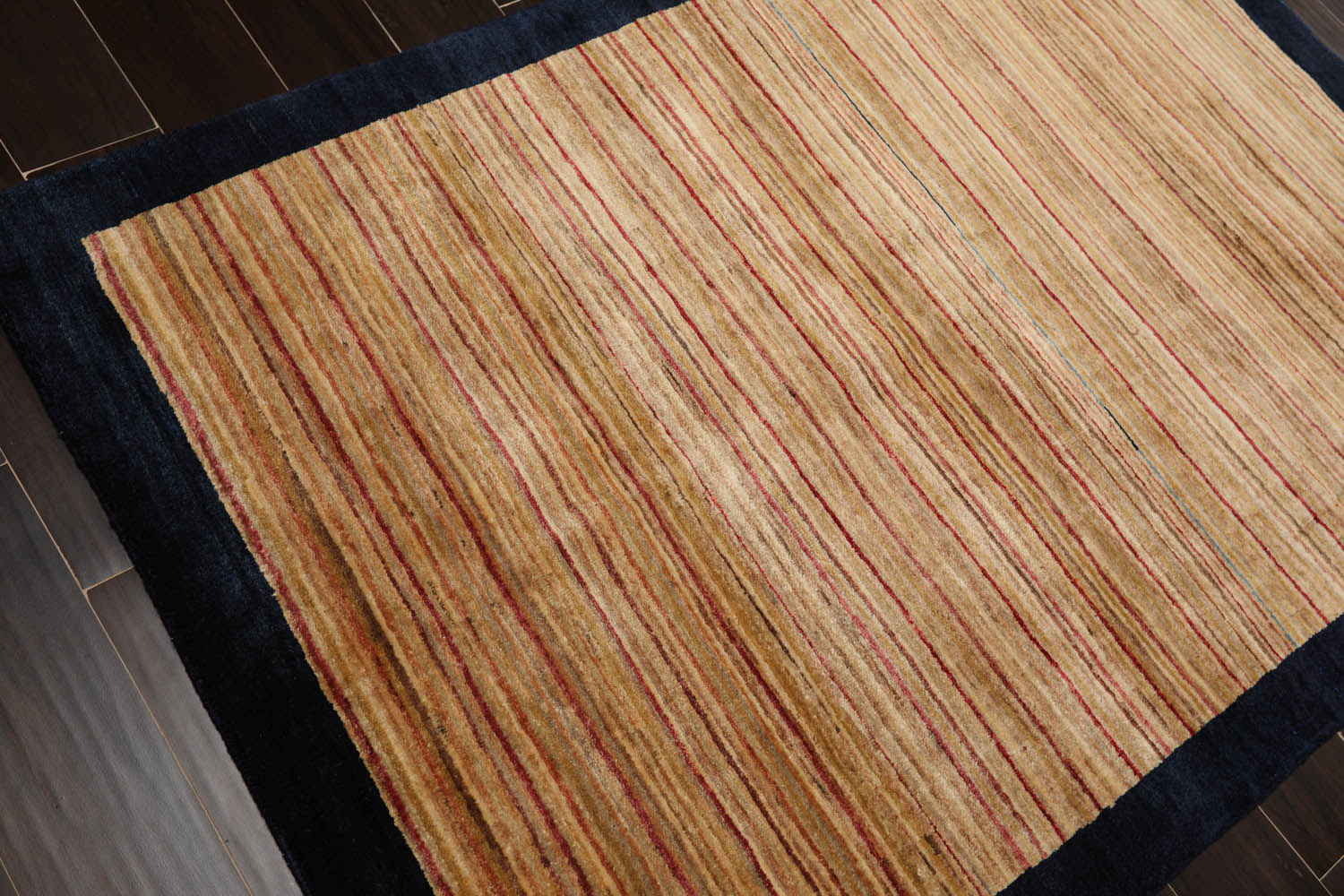 4x6 Beige, Navy, Tan Color Hand Knotted Striped 100% Wool Modern Oriental Rug