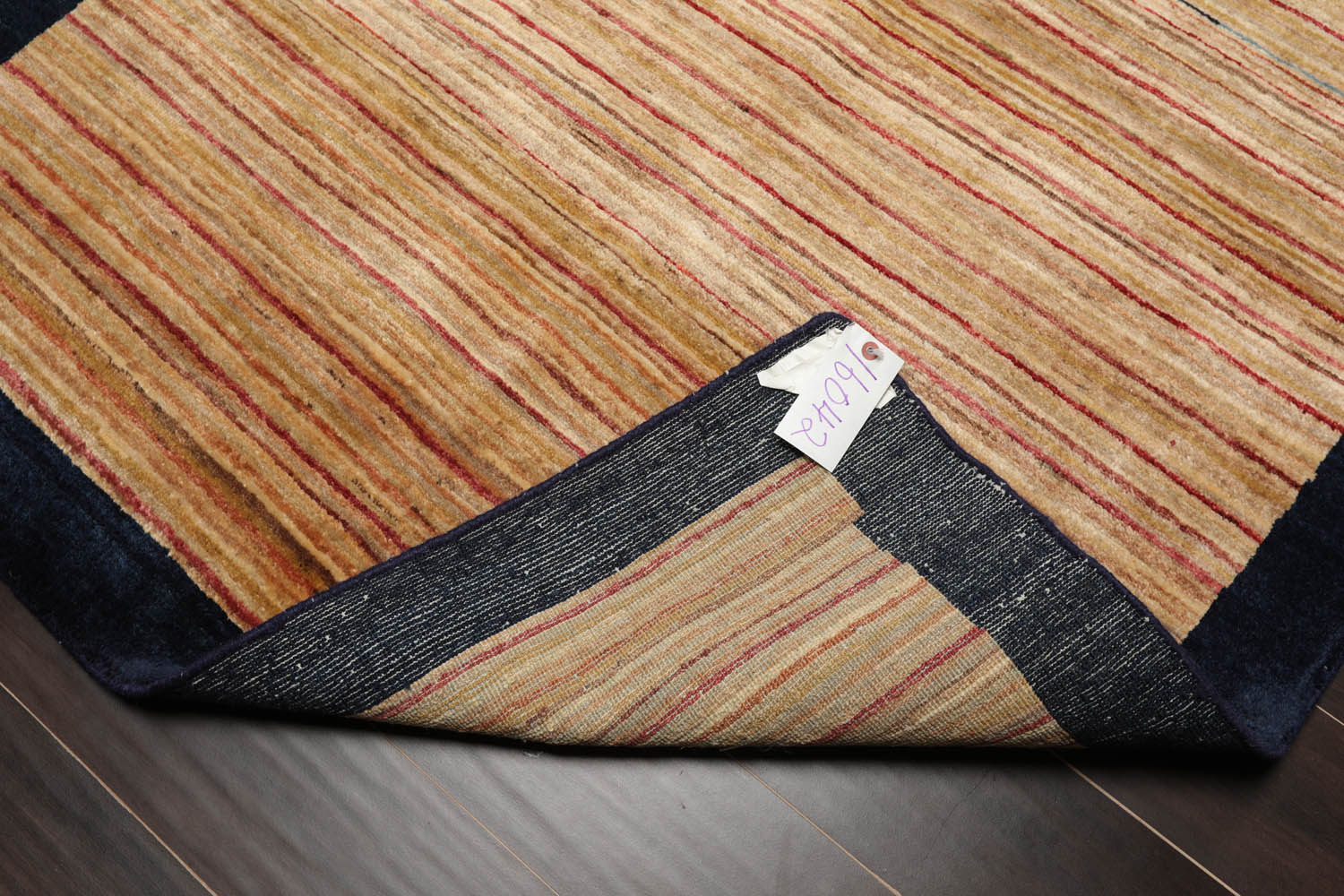 4x6 Beige, Navy, Tan Color Hand Knotted Striped 100% Wool Modern Oriental Rug