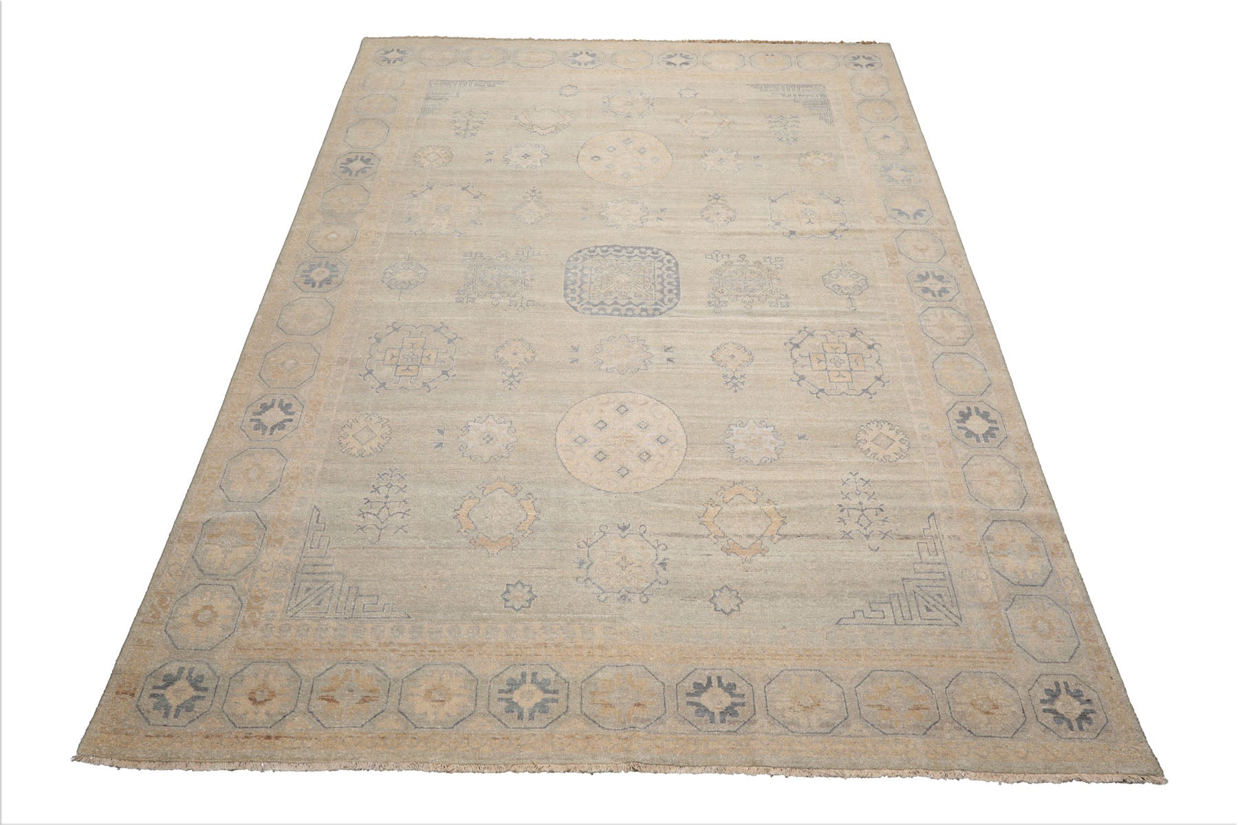 LoomBloom Beige Multi Size Afghan Oushak Transitional Geometric Hand Knotted Wool Oriental Area Rug