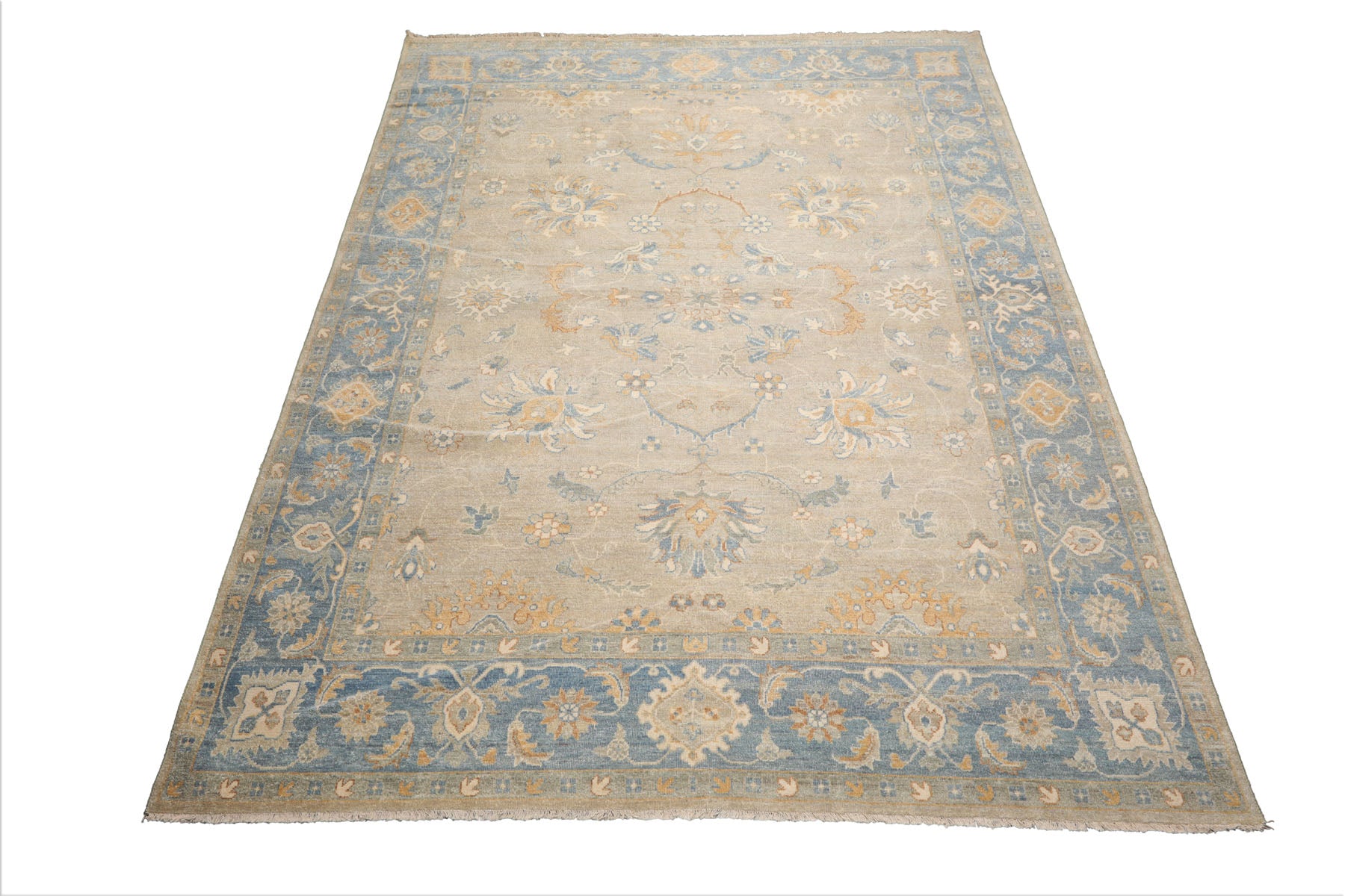 9x12 Beige, Aqua, Caramel Color Hand Knotted Afghan Oushak Wool Traditional Oriental Rug
