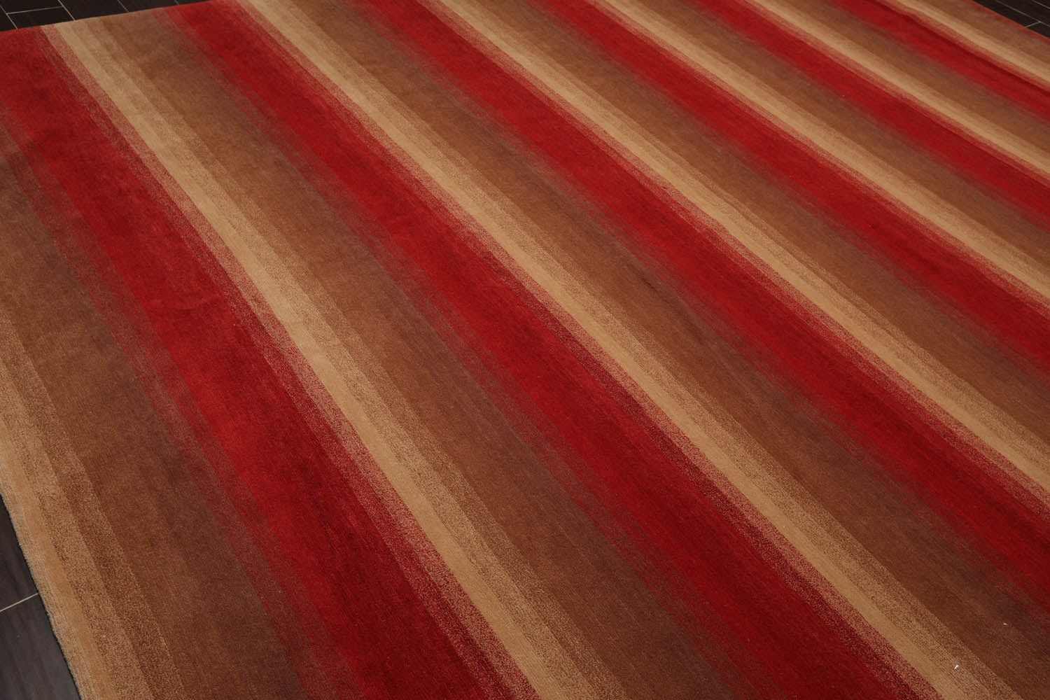 9x12 Brown, Tan, Red Color Hand Knotted Striped 100% Wool Modern Oriental Rug