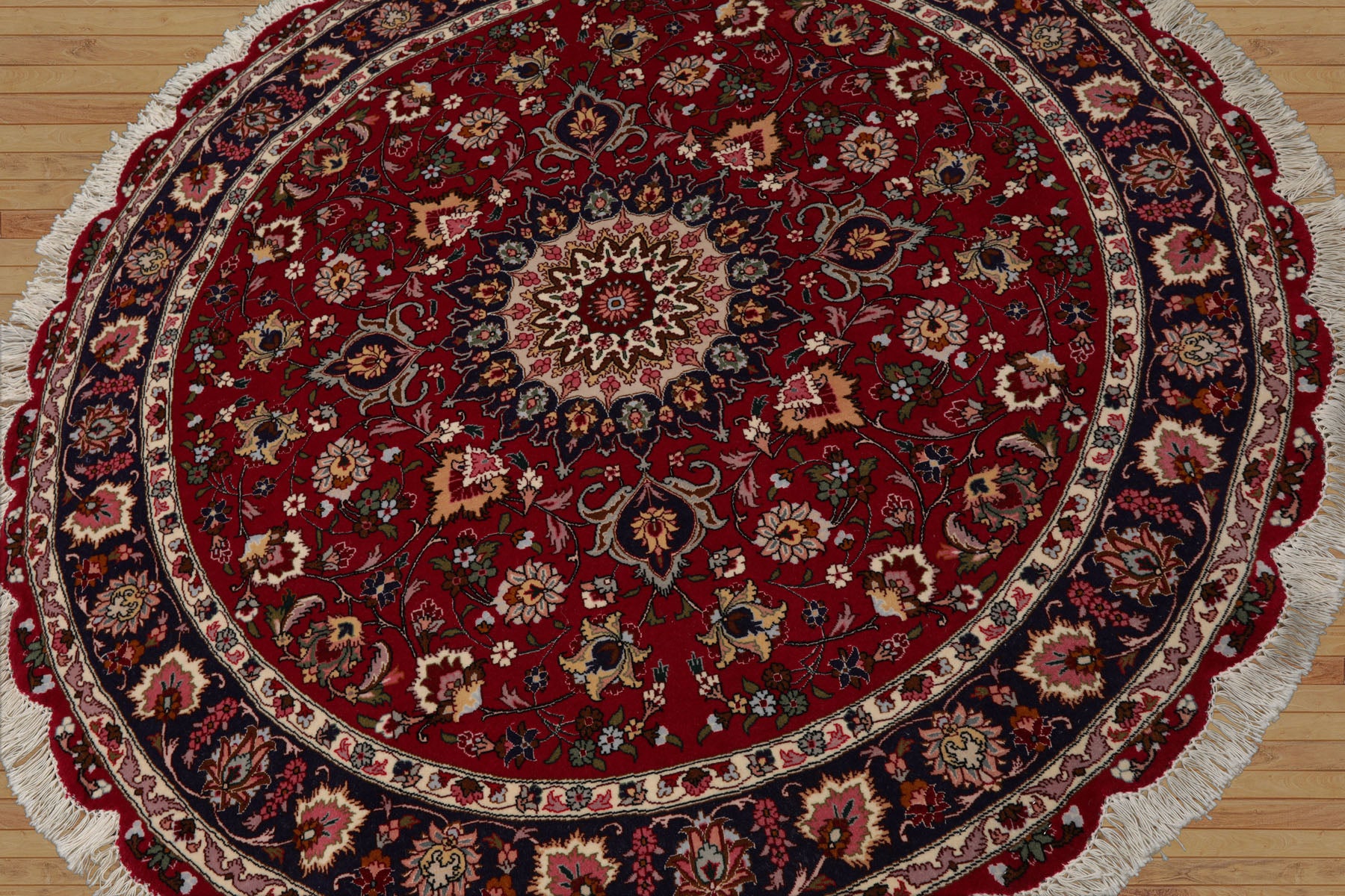 Round Burgundy, Navy, Ivory Color Hand Knotted Tabriz Round Wool Traditional Oriental Rug