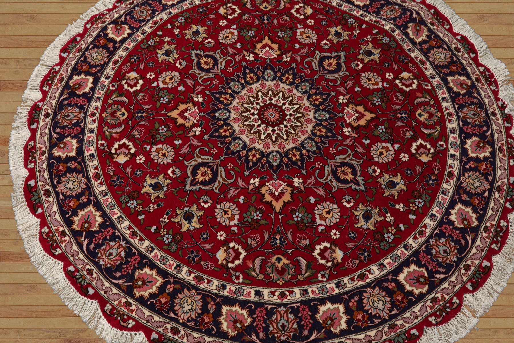 Round Burgundy, Navy, Ivory Color Hand Knotted Tabriz Round Wool Traditional Oriental Rug