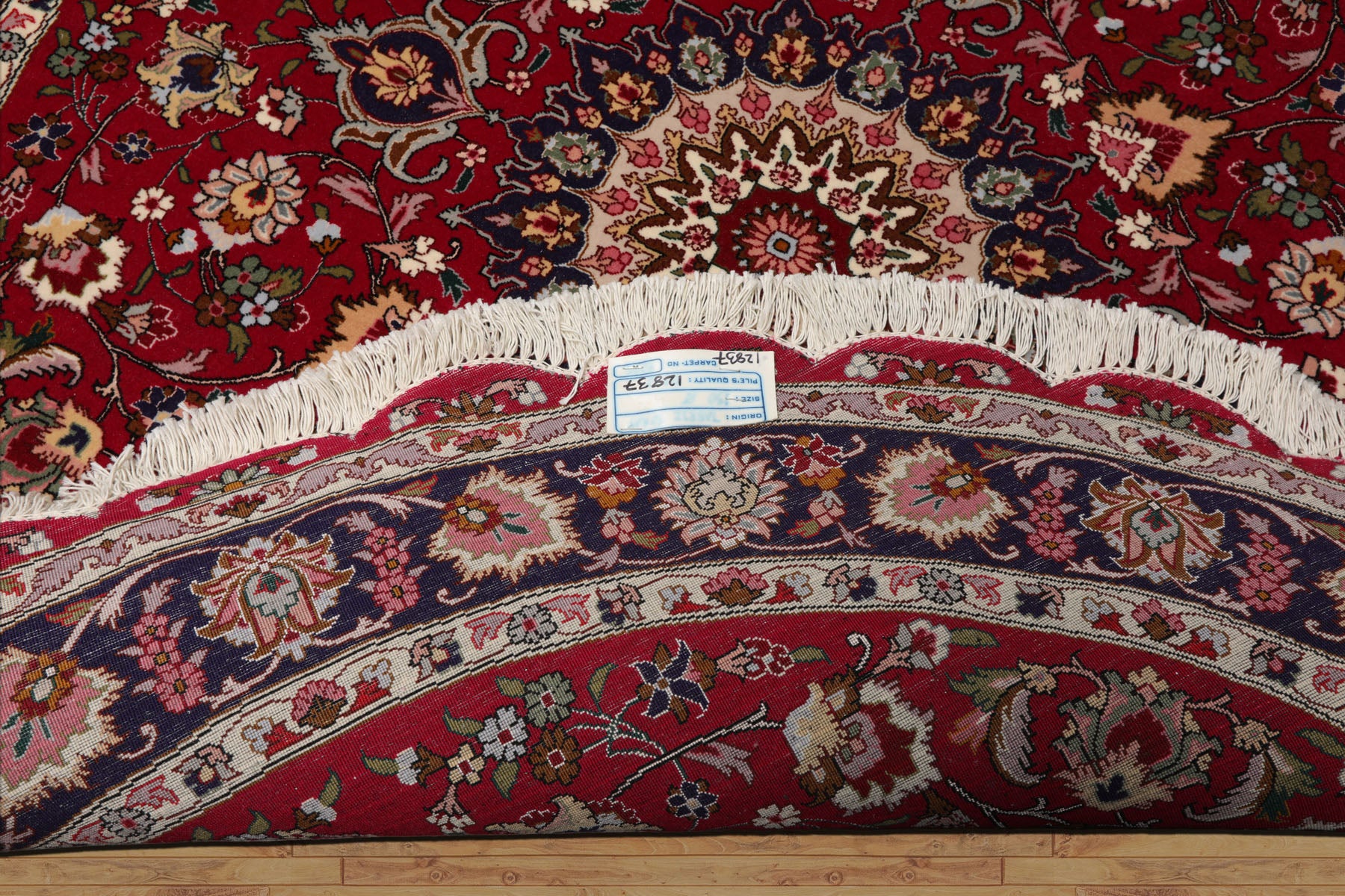 Round Burgundy, Navy, Ivory Color Hand Knotted Tabriz Round Wool Traditional Oriental Rug