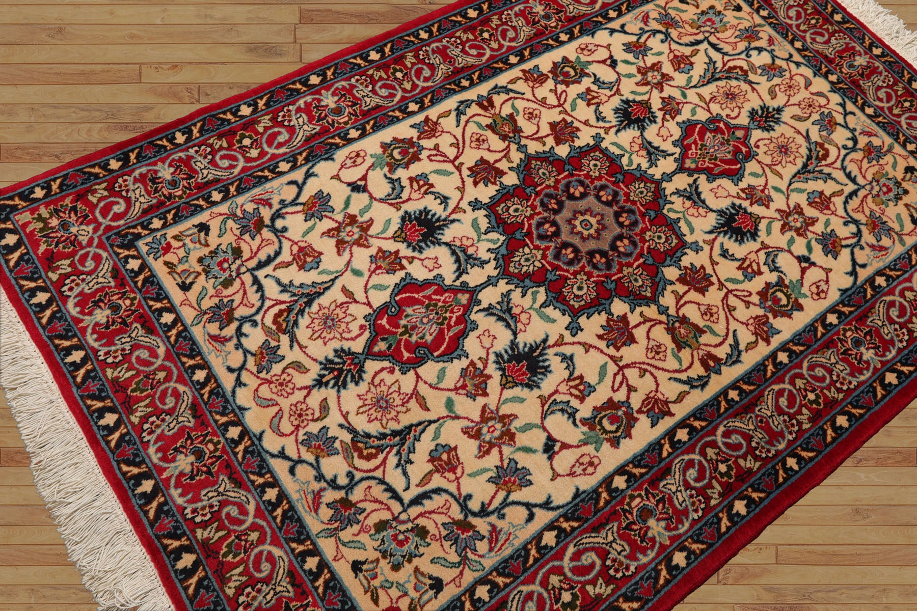3x5 Beige, Red, Blue Color Hand Knotted Espahan Wool Traditional Oriental Rug