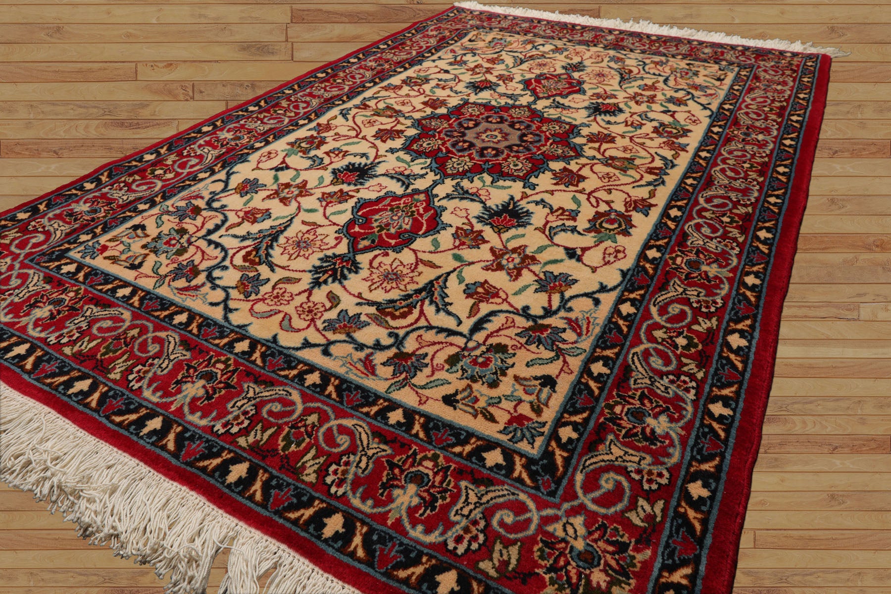 3x5 Beige, Red, Blue Color Hand Knotted Espahan Wool Traditional Oriental Rug