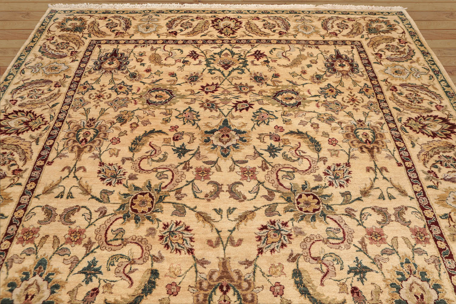 8x10 Gold, Maroon, Aqua Color Hand Knotted All-Over 100% Wool Traditional Oriental Rug