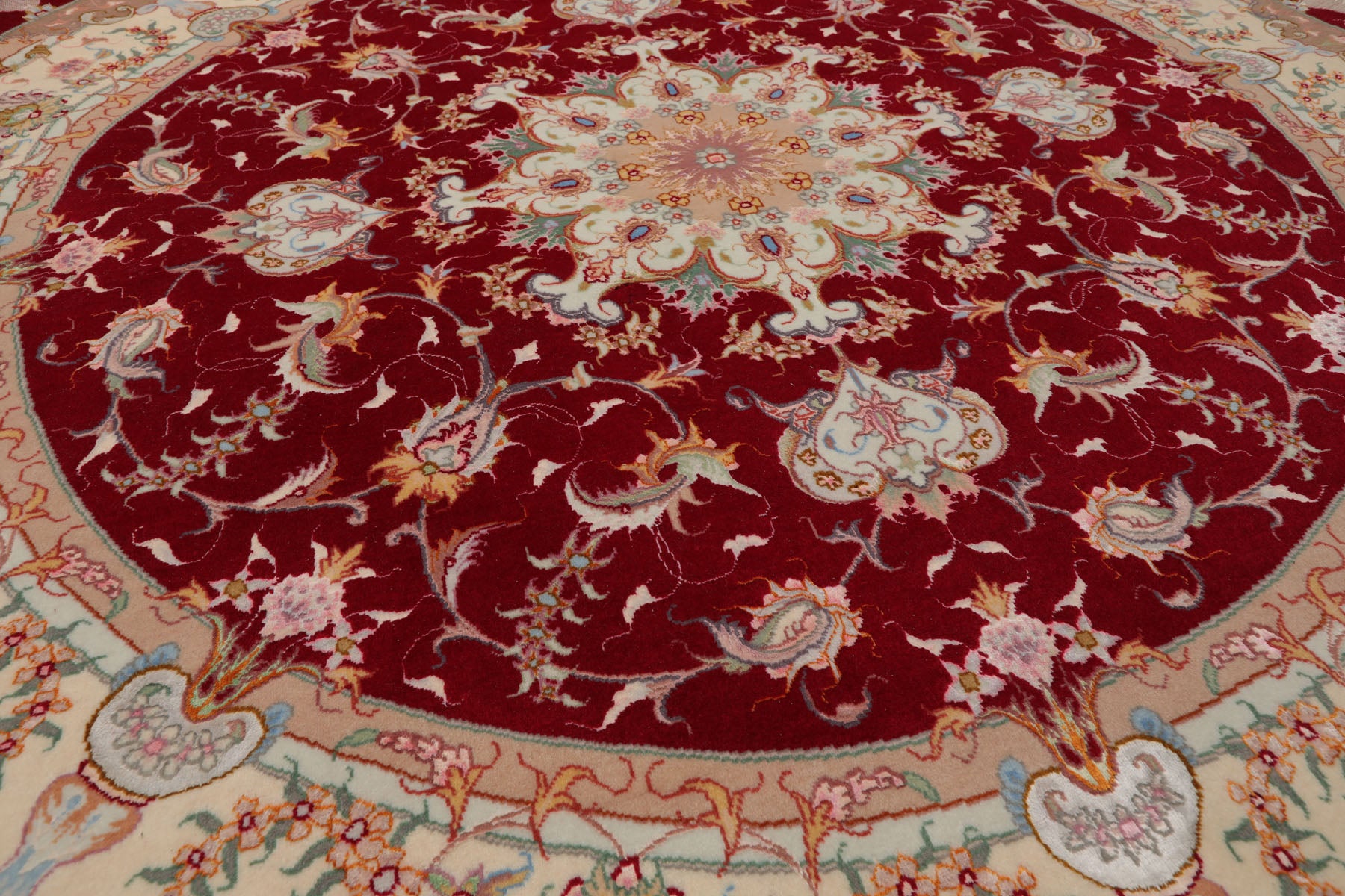 Round Red, Ivory, Peach Color Hand Knotted Tabriz Round Wool& Silk Traditional Oriental Rug