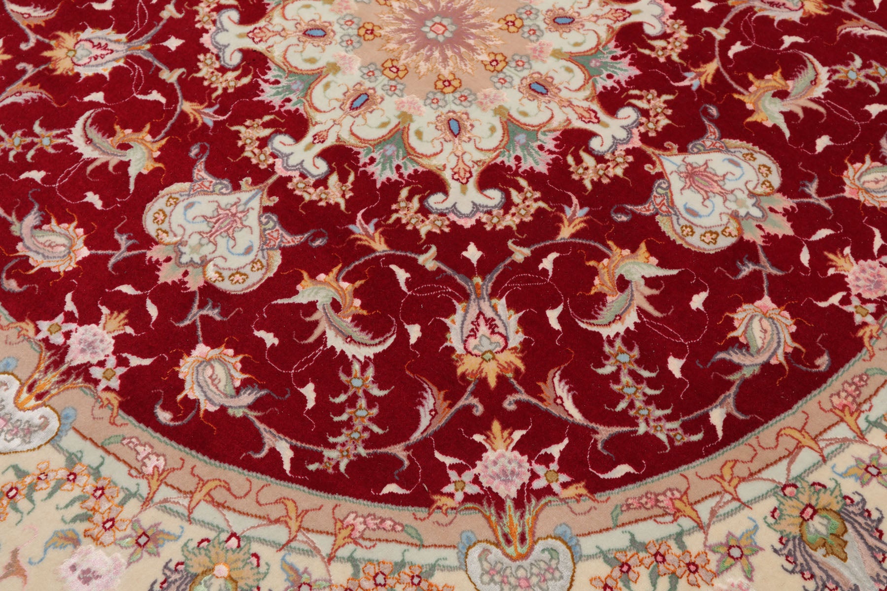 Round Red, Ivory, Peach Color Hand Knotted Tabriz Round Wool& Silk Traditional Oriental Rug