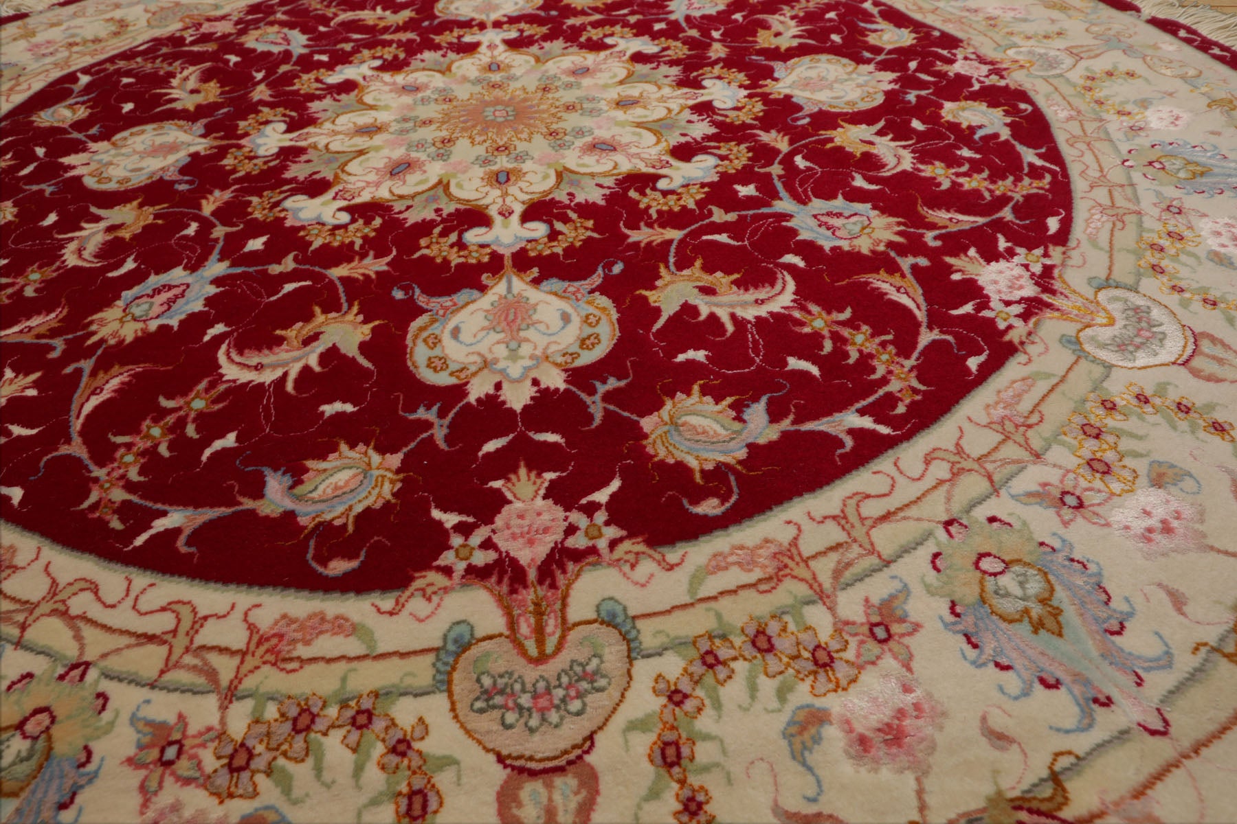 Round Red, Ivory, Blue Color Hand Knotted Tabriz Round Wool& Silk Traditional Oriental Rug
