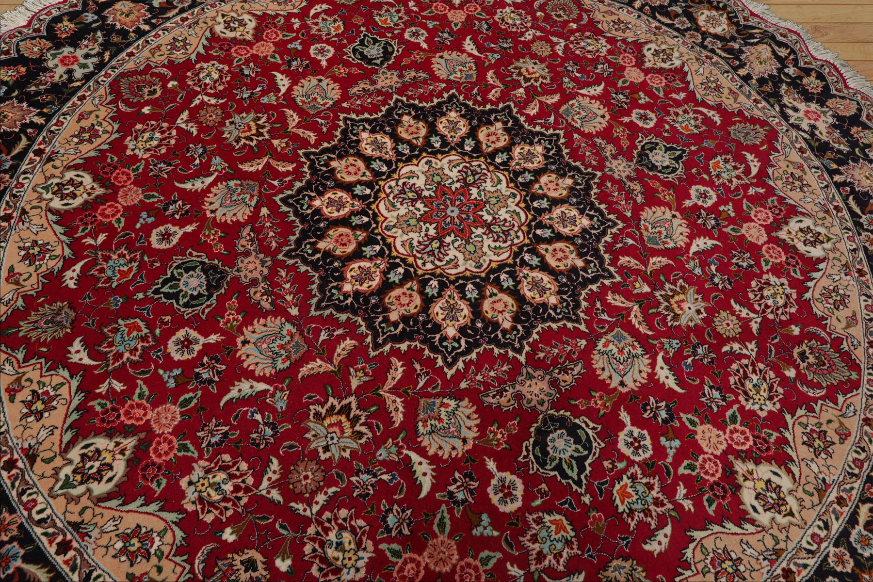 Round Fuschia, Midnight Blue, Ivory Color Hand Knotted Tabriz Round Wool & Silk Traditional Oriental Rug
