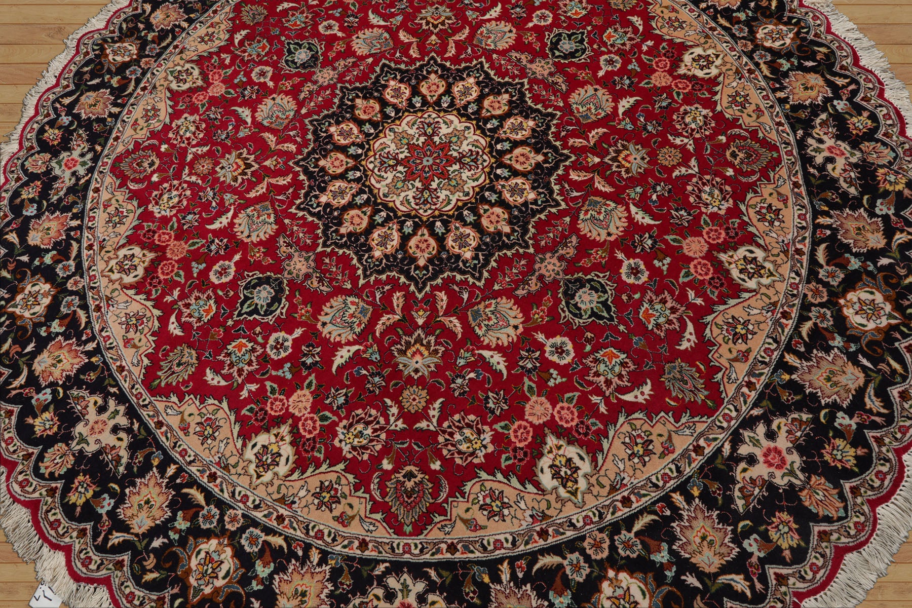 Round Fuschia, Midnight Blue, Ivory Color Hand Knotted Tabriz Round Wool & Silk Traditional Oriental Rug