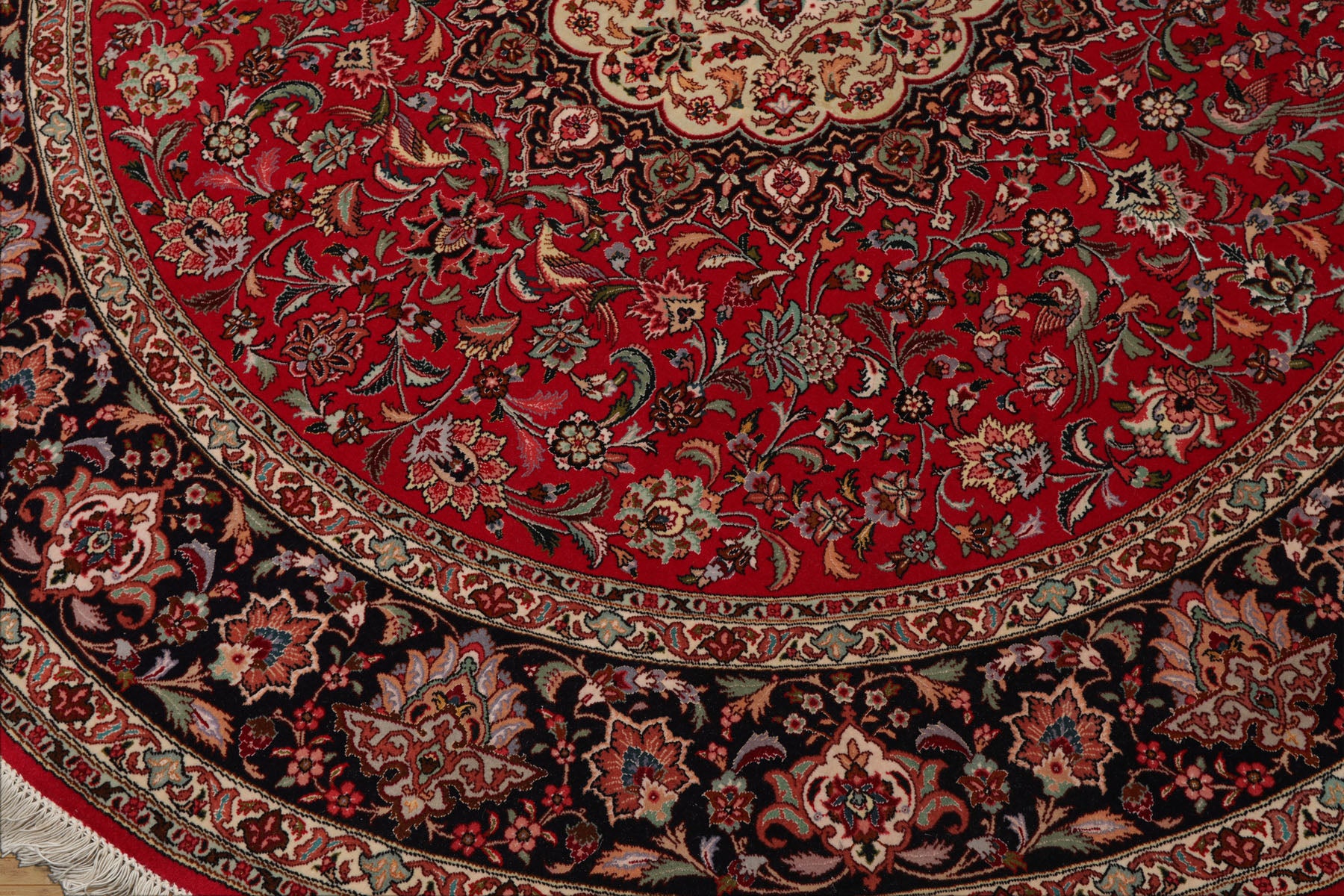 Round Red, Black, Ivory Color Hand Knotted Tabriz Round Wool & Silk Traditional Oriental Rug