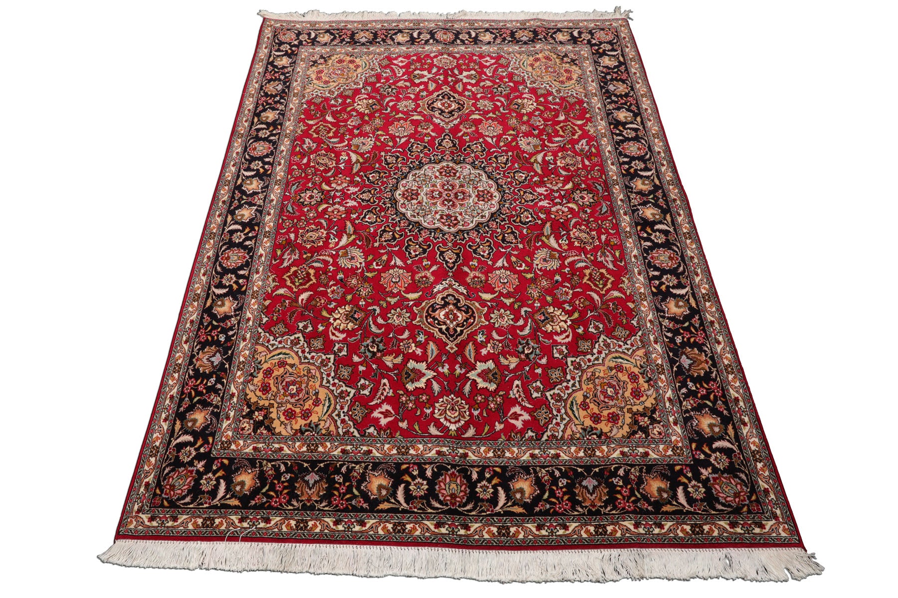 5x7 Red, Black, Ivory Color Hand Knotted Tabriz Wool & Silk Traditional Oriental Rug
