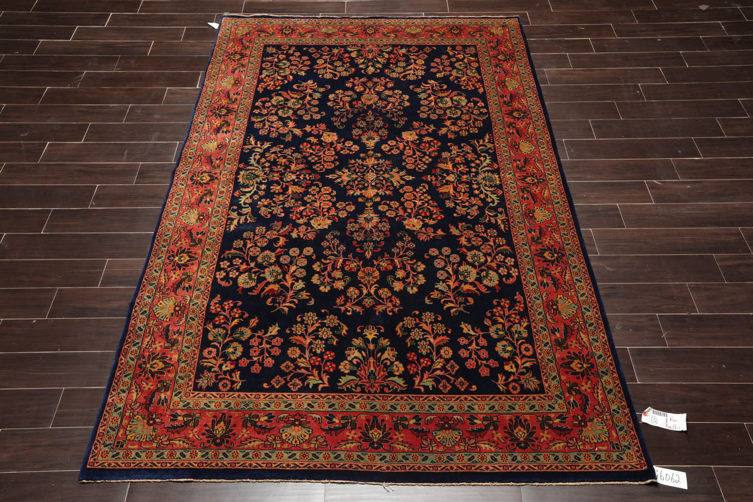 6x9 Navy, Antique Rose, Mint Color Hand Knotted All-Over 100% Wool Traditional Oriental Rug