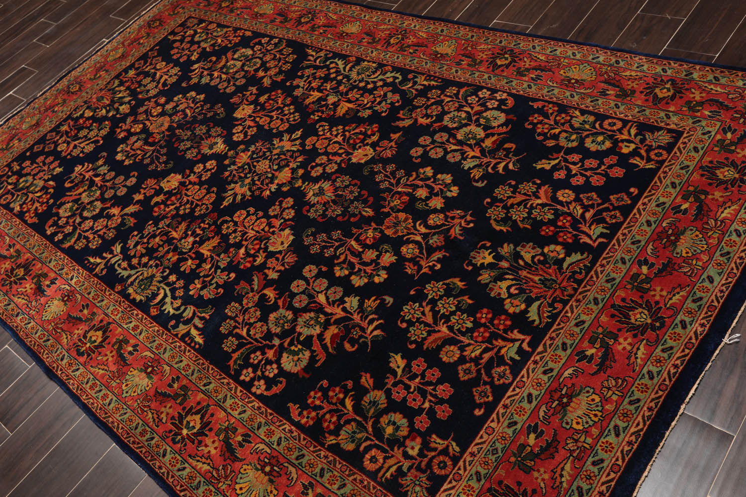 6x9 Navy, Antique Rose, Mint Color Hand Knotted All-Over 100% Wool Traditional Oriental Rug