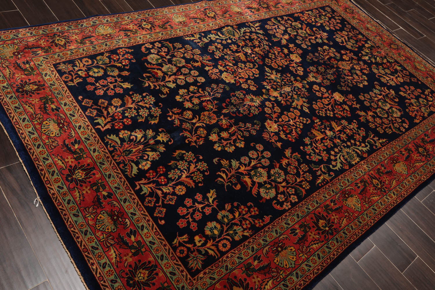 6x9 Navy, Antique Rose, Mint Color Hand Knotted All-Over 100% Wool Traditional Oriental Rug