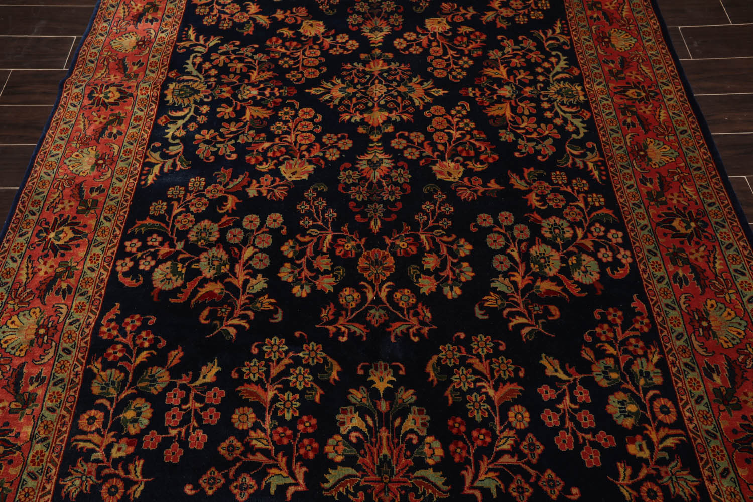 6x9 Navy, Antique Rose, Mint Color Hand Knotted All-Over 100% Wool Traditional Oriental Rug