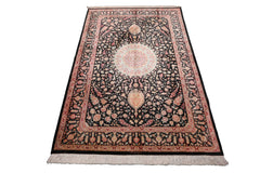 4x6 Charcoal, Peach, Aqua Color Hand Knotted Qum All Silk Silk Traditional Oriental Rug