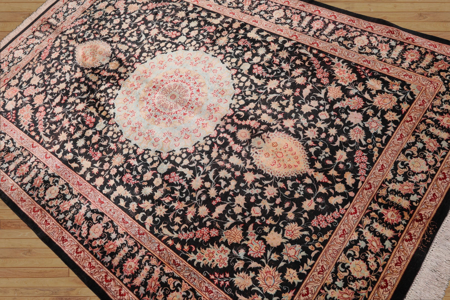 4x6 Charcoal, Peach, Aqua Color Hand Knotted Qum All Silk Silk Traditional Oriental Rug