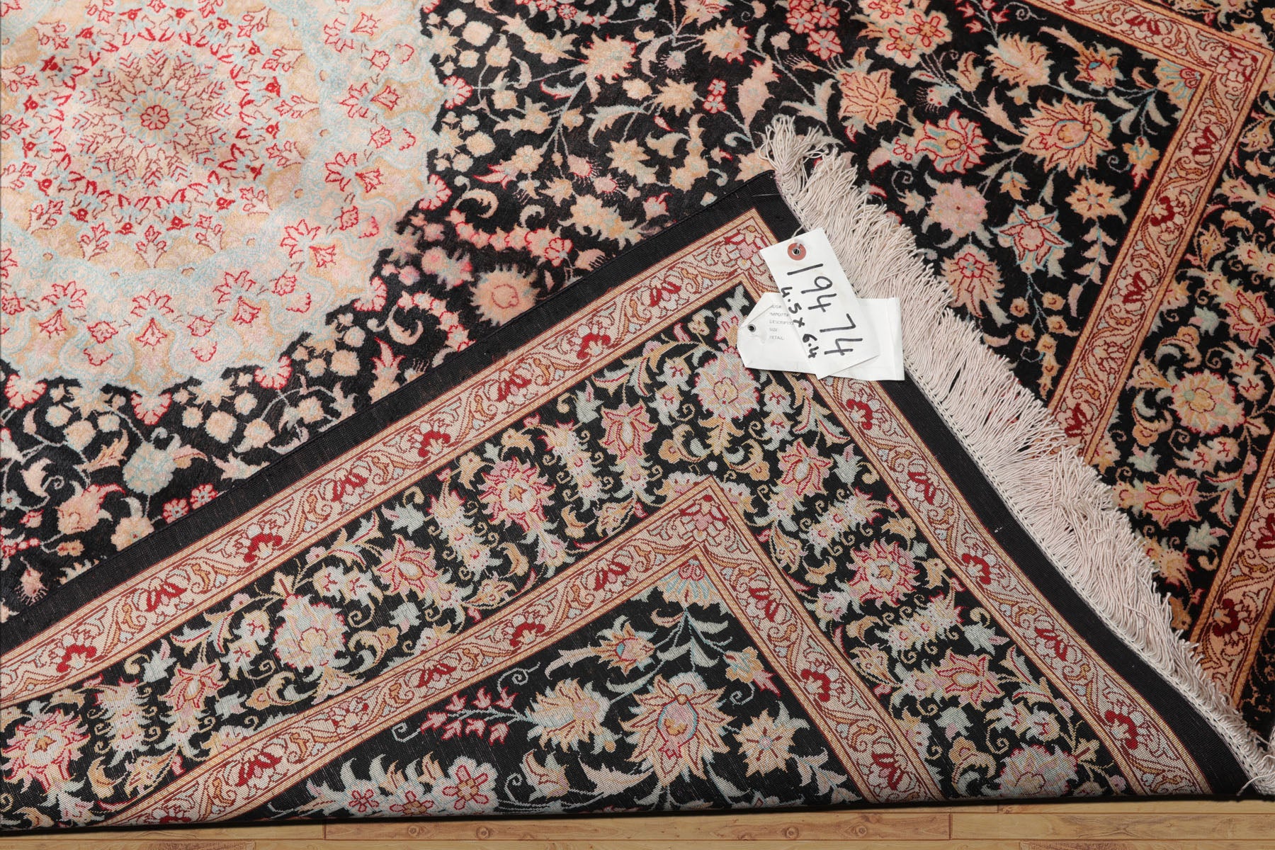 4x6 Charcoal, Peach, Aqua Color Hand Knotted Qum All Silk Silk Traditional Oriental Rug