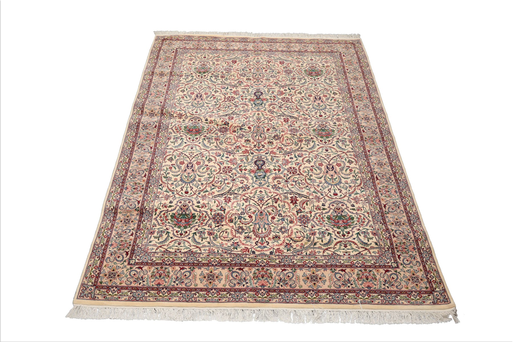 6x9 Cream, Peach, Maroon Color Hand Knotted All-Over 100% Wool Traditional Oriental Rug