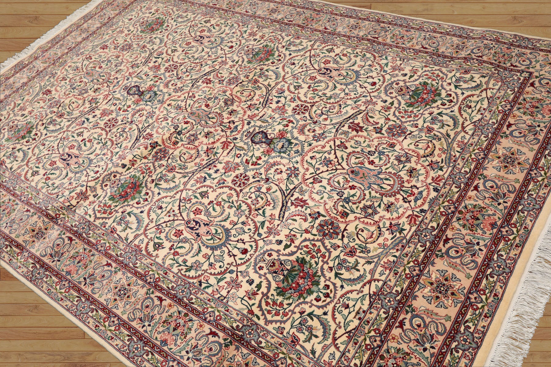 6x9 Cream, Peach, Maroon Color Hand Knotted All-Over 100% Wool Traditional Oriental Rug