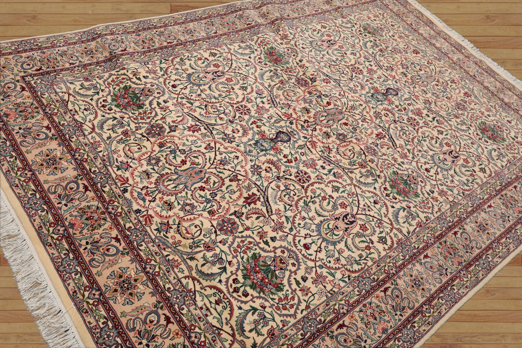6x9 Cream, Peach, Maroon Color Hand Knotted All-Over 100% Wool Traditional Oriental Rug