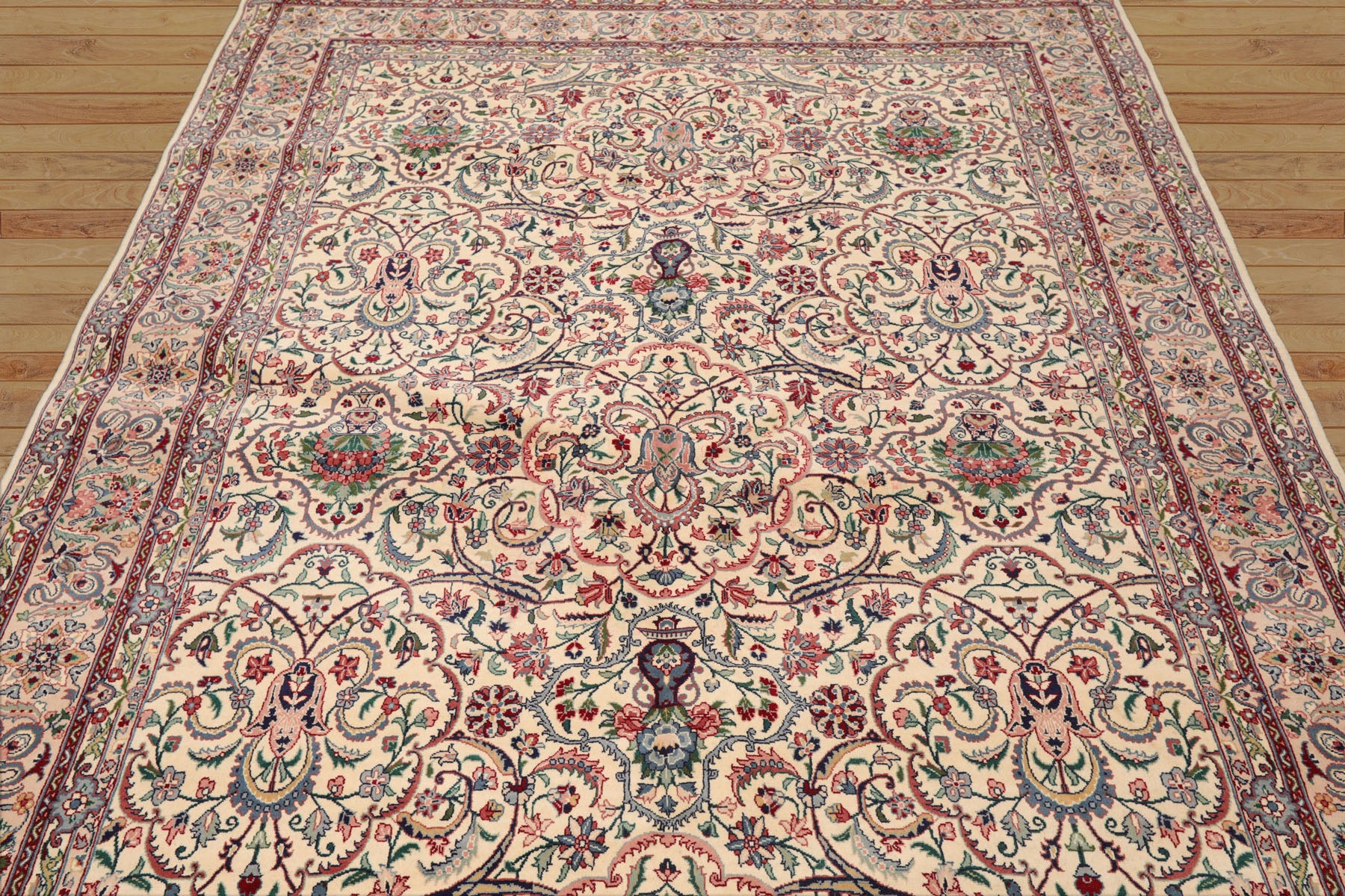 6x9 Cream, Peach, Maroon Color Hand Knotted All-Over 100% Wool Traditional Oriental Rug
