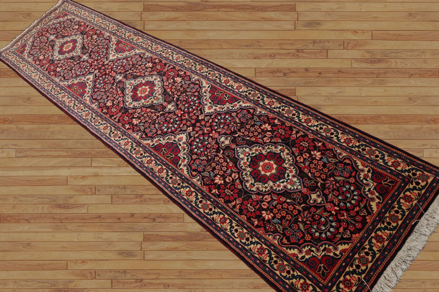 Runner Navy, Ivory, Red Color Hand Knotted Jozan Sarouk Wool Traditional Oriental Rug