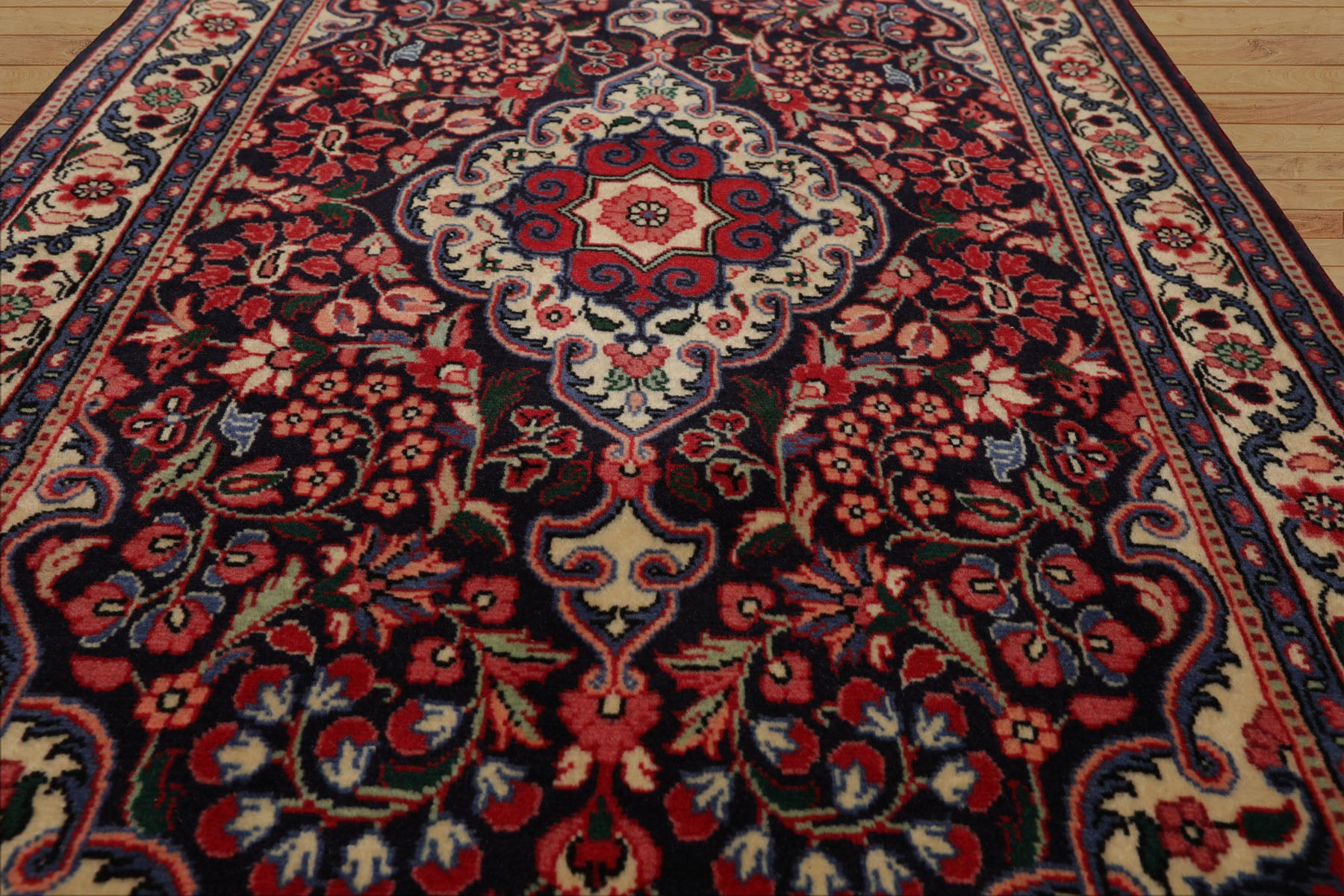 Runner Navy, Ivory, Red Color Hand Knotted Jozan Sarouk Wool Traditional Oriental Rug